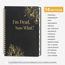 SUNEE End of Life Planner - I‘m Dead Now What Planner, Large Print Spiral-Bound Estate Organizer with Tabs for Seniors & Family. Covers Final Wishes, Passwords & Funeral Planning.A5 (6.4”x8.5“),Black