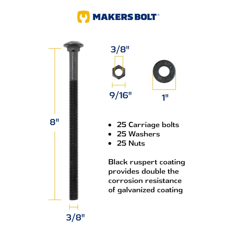 3/8 x 8 (25 Pack) Black Carriage Bolt Kit, Ceramic