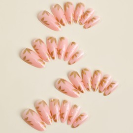 24 Pcs Fall Press on Nails Medium Almond Fake Nails Nude Full Cover False Nails with Gold Leaf Designs Autumn Acrylic Nails Glossy Glue on Nails Winter Stick on Nails for Women Girls DIY Manicure