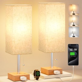 Fenmzee Table Lamp for Bedroom Set of 2 Nightstand - 3 Color Bedside Lamps with AC Outlets for Charging, Square Wooden Night Stand Light Lamp for Living Room, Office Desk