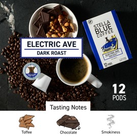 Stella Blue Coffee Pods, Electric Avenue Blend, Dark Roast, Toffee Dark Chocolate, Smoky Notes, 100% Arabica Beans, Ethically Sourced from Central and South America,12 Recyclable K Cup Compatible Pods