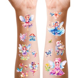 Fee Tattoos für Mädchen, 12 Blätter Glitzer Blumenfee Kinder Tattoos für Geburtstag Party Mitgebsel Dekor Geschenk, Hautfreundliche Feen Kindertattoos