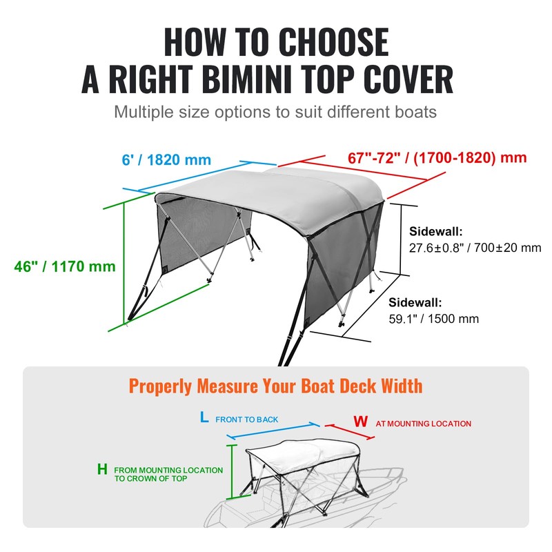 VEVOR 4 Bow / 3 Bow Bimini Tops, Detachable Mesh
