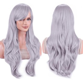 IMISSU 70 cm Long Hair Water Wavy Wigs with Fringe Cosplay Costume Wig (Silver Grey)