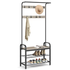 VASAGLE Coat Rack, Hall Tree with Shoe Bench for Entryway, Entryway Bench with Coat Rack, 4-in-1, with 9 Removable Hooks, a Hanging Rod, 13.3 x 33.1 x 72.1 Inches, Greige and Black UHSR400B02