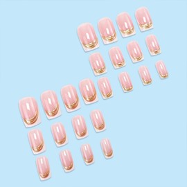 24Pcs French Tip Press on Nails Square Short Fake Nails White French Acrylic False Nails with Gold Stripes Designs Natural Full Cover Stick on Nails Glossy Glue on Nails for Women Girls