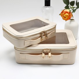 SANHECUN Cosmetic Case with Zipper TSA Approved Storage Box Travel Organizer Pouch Toiletry Portable Makeup Bag Cosmetic Set (2, White)