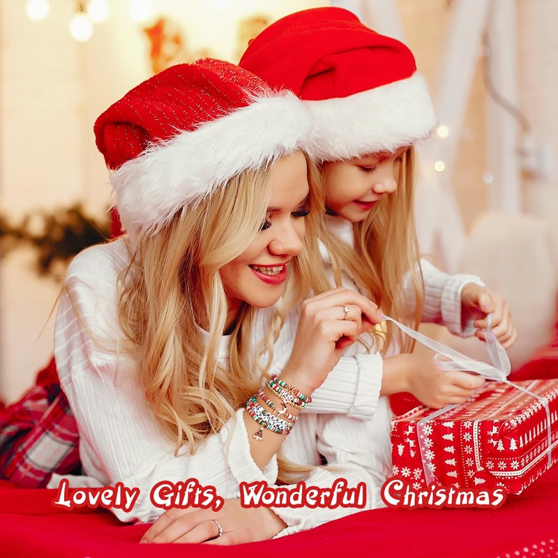 Emibele Christmas Clay Beaded Bracelets for Women 7pcs, Merry Christmas