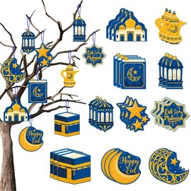 Pack of 30 Ramadan Decoration Eid Mubarak Hanging Decorations Pendant from Signs of Ramadan Kareem Muslim Islamic Moon Star Lantern Castle Decoration Ramadan Decoration (Blue)
