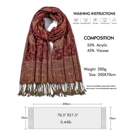 Women Pashmina Scarves Luxury Winter Scarf Paisley Shawl with Fringe Reversible Large Blanket Wrap 78.5" X27.5"(Camel Red)