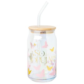 Silver Buffalo Wicked Glinda So Popular Butterflies Foil and Iridescent 16oz Glass Tumbler w Bamboo Lid and Glass Straw