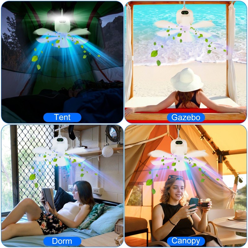 Zorpupoa Camping Fan 8000mAh Battery Operated, Tent Ceiling Fan with