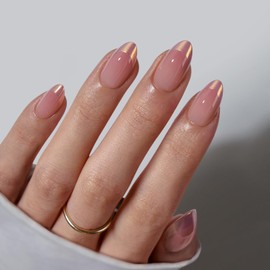 BTArtbox Press On False Nails Short, 32Pcs Chrome Almond French Tip False Nails with Glue, Opaque Soft Gel Stick On Nails for Women in 16 Sizes - 32 Fake Nail Kit, Coastal Glow