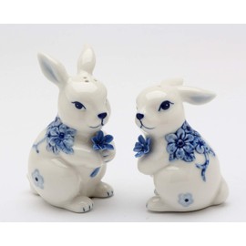 Fine Ceramic Dutch Blue and White Bunny Rabbit Salt & Pepper Shakers Set, 3-3/8" H