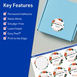 Avery TrueBlock Matte White Round Labels with Sure Feed, 2" Diameter, 120 Matte White Labels, Print-to-The-Edge, Laser/Inkjet Printable Labels, Great for Stickers and Product Labels