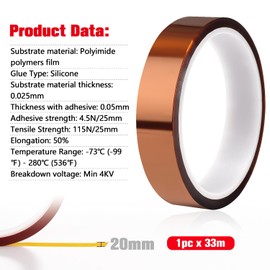 YIXISI Kapton Tape, High Temp Tape, High Temperature Heat Resistant Tape, Polyimide Film Tape, 20 mm x 33 m