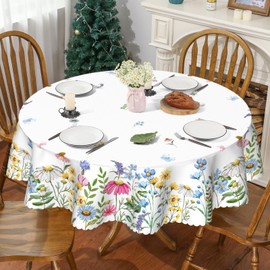 Spring Tablecloth 70x70 Inch Round, Wild Flowers Seasonal Summer Table Cover Scallop Edge Picnic Table Cloth