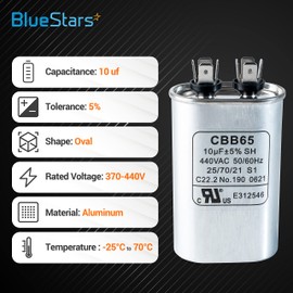 Original Version 10 uF MFD ±5% 370/440V CBB65 Oval Run Start Capacitor Replacement Part by BlueStars - Exact Fit for AC Motor Run or Fan Start and Cool or Heat Pump Air Conditioner