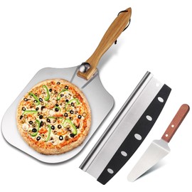 Aluminum Metal Pizza Peel Pizza Spatula Set, 12" x 14" with Cutter and Pizza Knife Spatula Paddle, Pizza Paddle with Foldable Wooden Handle for Easy Storage, Pizza Oven Accessories for Baking