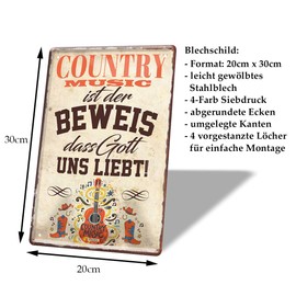 Tin Sign Country Music ist der Beweis dass Gott uns liebt - Metal Sign with Funny Saying for Country Music Enthusiasts - Retro Decorative Sign for Bar, Pub, Music Room, Exercise Room - 20 x 30 cm