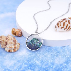 Lauren-Spencer Ocean Wave Pendant Necklace for Women, Ocean Beach Themed Jewelry Gifts for Women, Turquoise Sodalite Chips Stainless Steel Necklace, Blue Surf Necklace for Women (Wave Style A-Turquoise+Blue Sodalite)