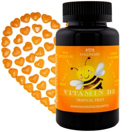Hallingers Vitamin D3 Kinder Bienen - Vitaminherzen Tropical Fruit 60 vegane Gummies 1000 IE Vitamin D3 hochdosiert, 25 mcg pro Herz (Dose) - Ostergeschenke Osterkörbchen Ostereier & als Osterdeko | G