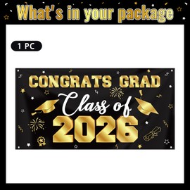 Graduation Decorations 2026 Black and Gold, Graduation Backdrop Banner 71 x 35.5 Inch, Class of 2026 Graduation Party Photo Backdrop
