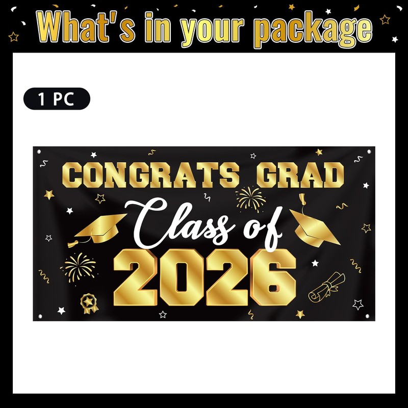 Graduation Decorations 2026 Black and Gold, Graduation Backdrop Banner 71
