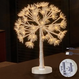 Hairui Lighted Tabletop Tree with Timer 18IN, Faux Dandelion Tree with Lights Battery Operated and USB Plug in for Room Fireplace Table Thanksgiving Christmas Decoration Inside