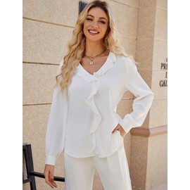 Neweek White Long Sleeve Shirts for Women Womens Tops Trendy Loose Fit Front Ruffle V Neck Long Sleeve