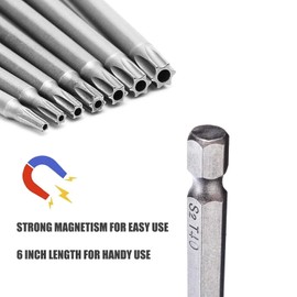 Torx Screwdriver Set 6 Inch (150MM) 1/4-Inch Hex Shank Torx Security Tamper Proof Bit Set T8/T10/T15/T20/T25/T27/T30/T40-8 Pcs