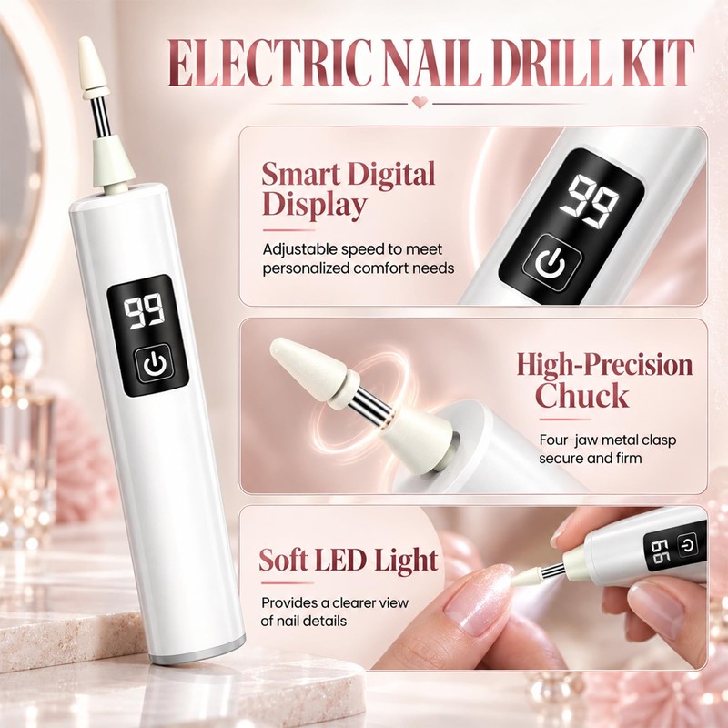Electric Nail Drill,Cordless Nail Drill with LED Light,USB-C Charging,1PC