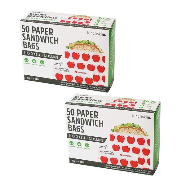 Lunchskins Recyclable + Sealable Paper Sandwich Bags, w/Closure Strip, 100-Count, Apple, 2-Pack