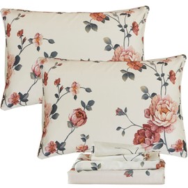 FADFAY Sheets Set Twin Shabby Beige Floral Bedding Elegant Peony Sheets Set Vintage Flower Bedding Collections Soft 100% Egyptian Cotton 800 Thread Count Deep Pocket Fitted Sheet, 4Pcs-Twin Size