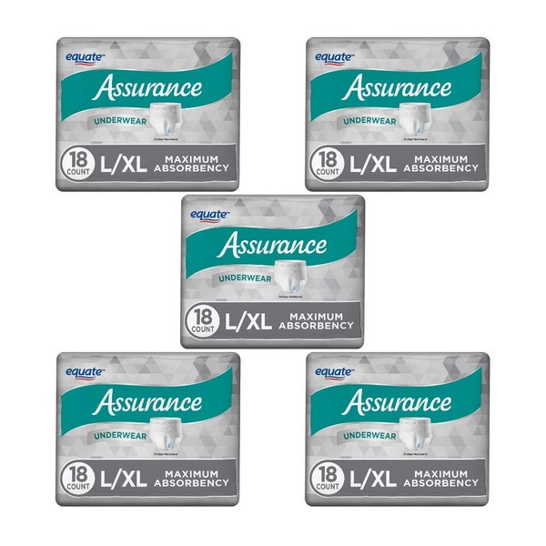 Pack of 5 - Assurance for Men Maximum Absorbency Protective Underwear, Large/Extra Large, 18 ct