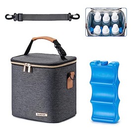 Bolsa enfriadora de leche materna con bolsa de hielo, se adapta a 6 biberones de hasta 9 onzas, bolsa de biberón con correa para el hombro para enfermería, mamá, guardería de mamá, gris oscuro