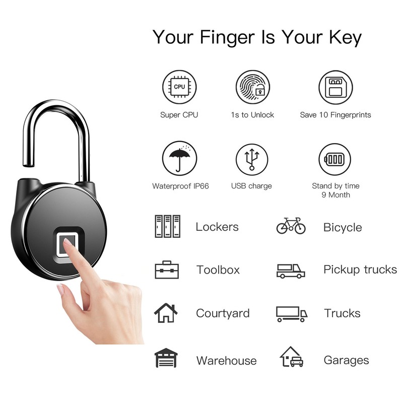 Bluetooth Fingerprint Padlock with Capacitive Touching Sensor for Home Cabinets