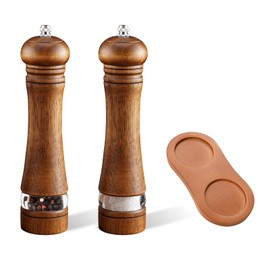2-Piece Salt and Pepper Grinder Set with Wood Tray, 8 Inch Wooden Salt and Pepper Mills with Adjustable Coarseness, Refillable Manual Pepper Mill Grinder for Home Cooks (Brown)