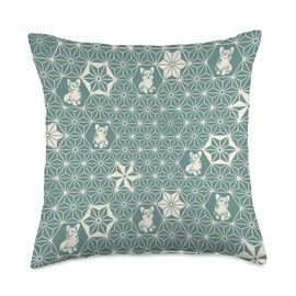 Corgi Cute Traditional Japanese Kimono Pattern Mint Green Throw Pillow