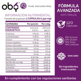 Oby Resveratrol Puro 120 Capsulas | 1300 mg porcion de Antioxidantes: Trans-Resveratrol al 98%, Semilla de Uva Roja, Arándano, Pimienta Negra y Vitamina C | 100% Vegano