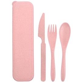 EcoGreen® - 4 Sets de Cubiertos fabricados de paja de trigo, incluye: Cuchara, tenedor y cuchillo, cubiertos de viaje u oficina, 100% biodegradables y