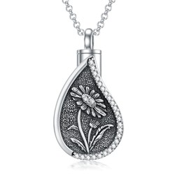 Daisy Urn Necklace for Ashes 925 Sterling Silver April Birth Flower Teardrop Cremation Necklace for Ashes Keepsake Memorial Jewelry for Women, One Size, Sterling Silver, Cubic Zirconia