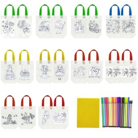 Manwetye 65 Pack Graffiti Goodie Bags for Kids Birthday Party Favors,Color Your Own Tote Bag,Eco Reusable Coloring Carnival Animal Art Party Goodie Bags(40Bags+24Color Pens+1pad)
