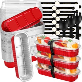 EgticHome Mini Loaf Pans with Lids and Spoons (100 Pack, Red, 6.8oz) Rectangular Aluminum Foil Baking Pans