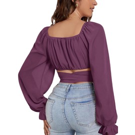 Rooscier Women's Square Neck Ruched Wrap Flounce Long Sleeve Self Tie Crop Top Blouse Purplish Red X-Large
