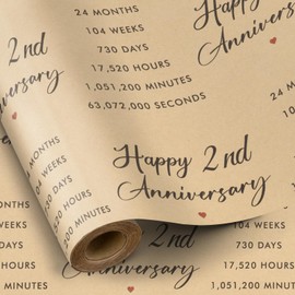 RUSPEPA Wrapping Paper Roll for Cotton Wedding - 17 Inches x 16.4 Feet - Happy 2nd Anniversary Pattern on Durable Kraft Paper for 2nd Anniversary and Special Occasions