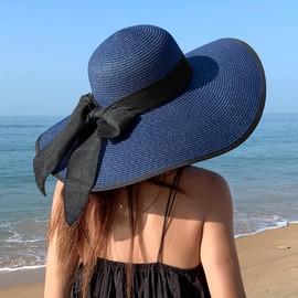 DRESHOW Womens Big Bowknot Straw Hat Floppy Foldable Roll up Beach Cap Sun Hat UPF 50+