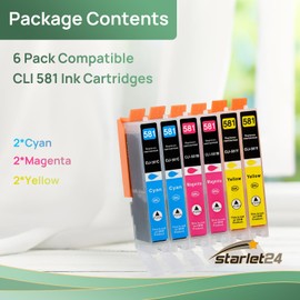 Starlet24 6 x 581XL Printer Cartridges Compatible with Canon CLI-581 Cyan 581 Magenta 581 Yellow for Pixma TR8550 TR8500 TS6350a TS705a TS6350 TS8350 TS8250 TS6150 TS9550