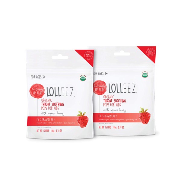 Lolleez Organic Sore Throat Soothing Pops with Honey for Kids, Perfect for Cold & Flu, Throat Relief Lollipops for Back to School, Strawberry, 15 Count Bags (Pack of 2)