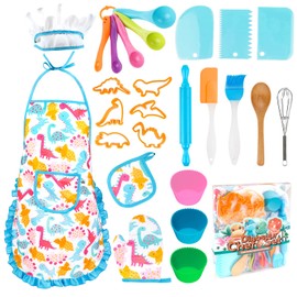 KAEGREEL Dinosaur Baking Chef Set for Kids Aged 3+, 26Pcs with Dinosaur Apron & Hat Role Play Cooking Chef Dress Up Toys, Kitchen Pretend Play Gifts for Boys Girls 3 4 5 6 7 Year Old